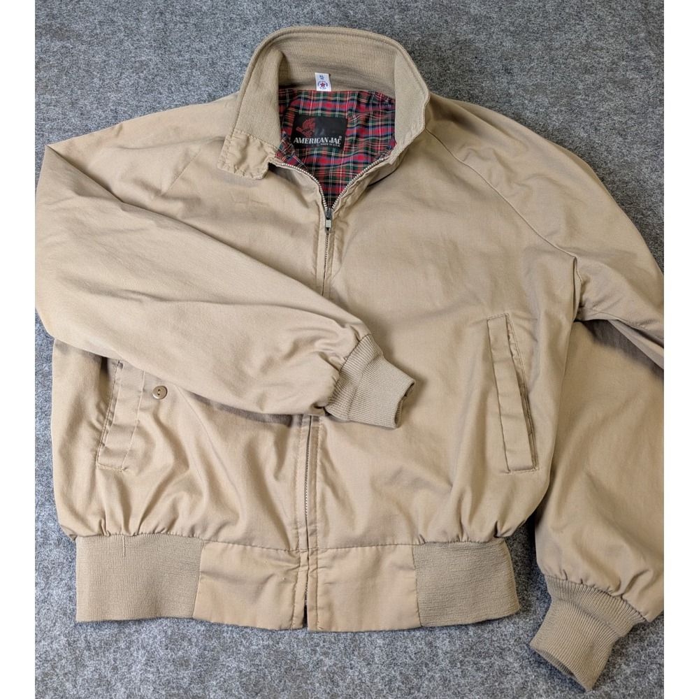 American Jac Tan Windbreaker w/Plaid Lining Men's  XL Vintage Full Zip